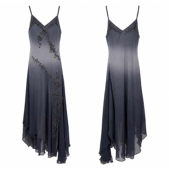 Scala Dresses & Skirts - Vintage Scala 100% Silk Beaded Ombre Fairy Whimsigoth Handkerchief Hem Dress L